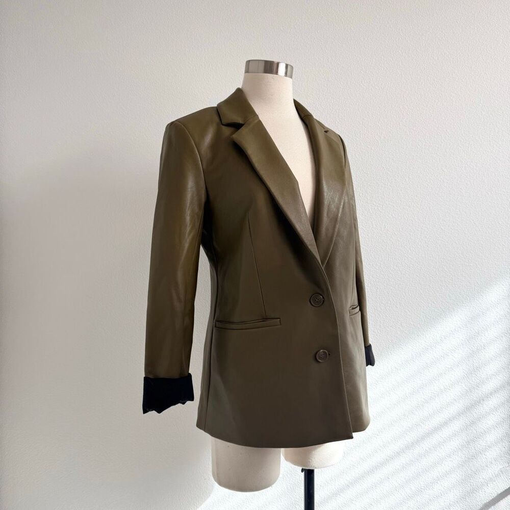 Halogen Green Black Faux Leather Jacket Coat Blazer Trench Small S